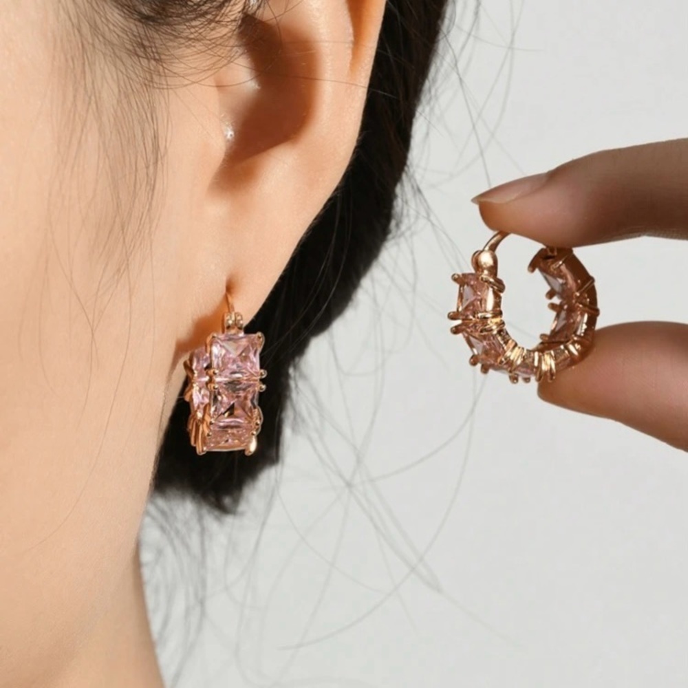 Pink Rhinestone Hoop Earrings - Picture 4 of 5